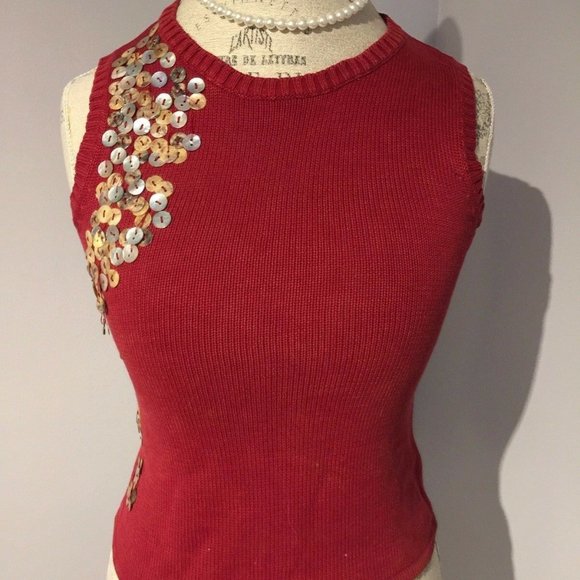 Vintage knit tank red pullover vest mother of pearl buttons Anthropologie style - Picture 4 of 8